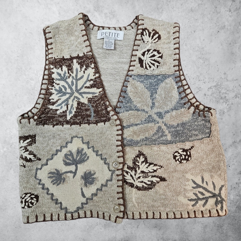 Petite Sophisticate Vintage Knit Sweater Vest Botanical Patchwork Tan Small D36 - Picture 1 of 9